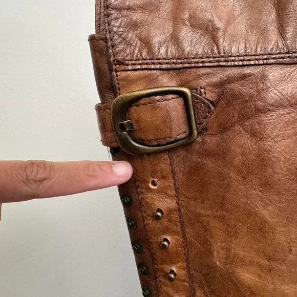 Knee-high brown leather boot buckle size 8.5 boho western riding moto - Picture 3 of 8